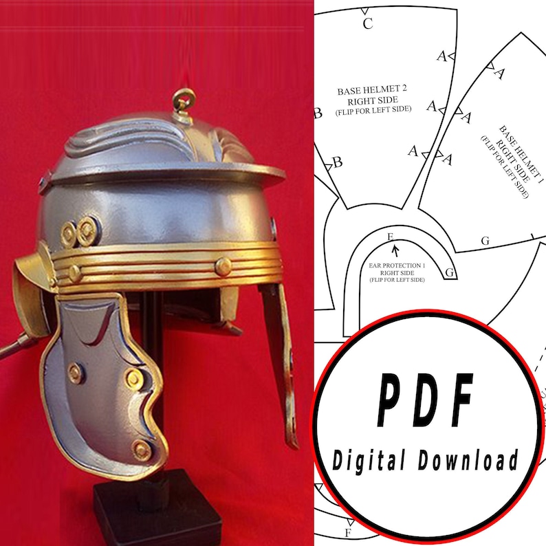 May include: A silver and gold Roman helmet with a detailed design. The helmet is on a black stand against a red background. A PDF digital download pattern for making the helmet is included.