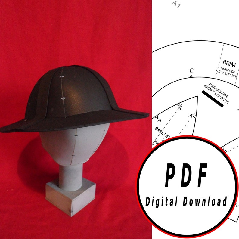 K&ouml;nnte beinhalten: Ein schwarzer Filzhut mit breiter Krempe. Der Hut sitzt auf einem wei&szlig;en Mannequin-Kopf. Das Bild zeigt auch ein PDF-Muster f&uuml;r den Hut, das zum digitalen Download verf&uuml;gbar ist.