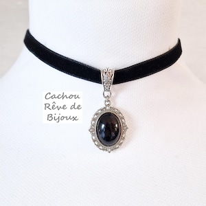 Gargantilla de terciopelo de ónix negro natural - Estilo gótico medieval victoriano - Gargantilla romántica con encanto de bruja