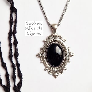 Victorian Gothic Black Onyx Necklace, Medieval Medallion, Natural Stone Cabochon, Choice of Steel Chain, Vintage Style, Goth, Protection