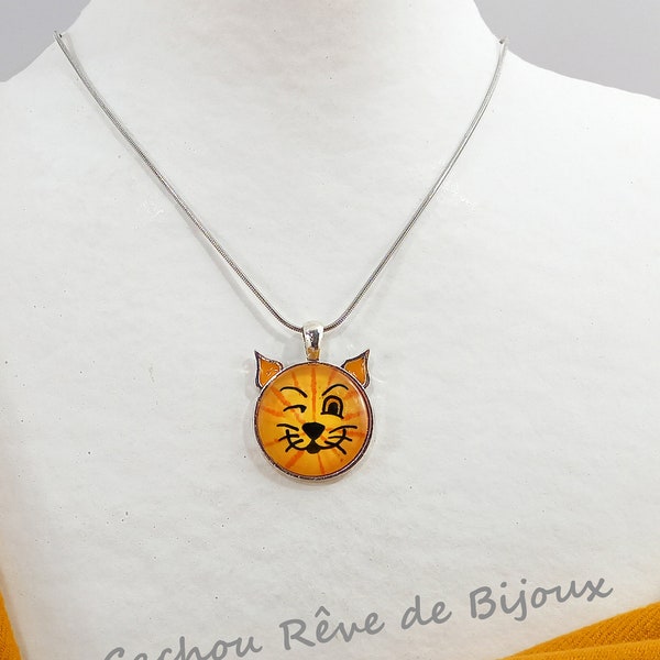 Collier Pendentif Chat / Charly / Charles Comse Cabochon verre peint à la main orange jaune Chaîne Acier inoxydable