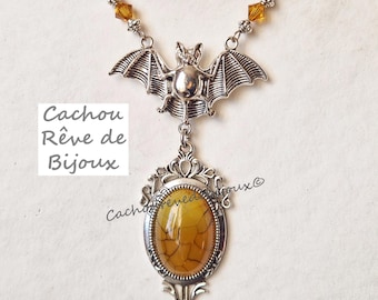 Majestic Bat Necklace - Orange and Black Stone - Gothic Style for Halloween