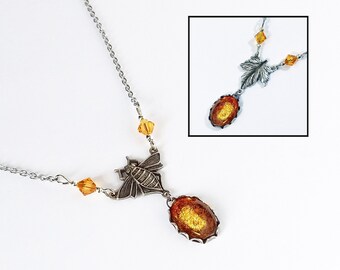 Necklace Bee Honey OR Autumn Leaf, Amber Honey Collection, Cabochon Glass Topaz Effect Amber Stainless Steel Antique Silver