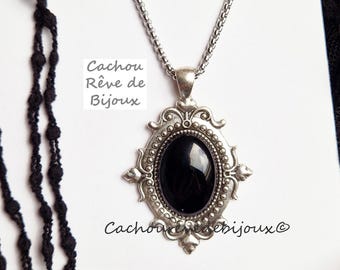 Victorian black onyx stone necklace - medieval gothic style medallion - witchy protection - steel chain of your choice