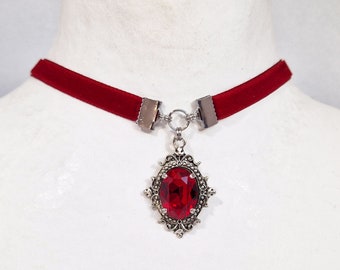 Red velvet swarovski crystal choker, Victorian gothic pendant romantic vampire blood gift love rococo steel choker necklace