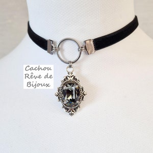 Black velvet choker with anthracite crystal and black diamond pendant - Victorian style - Belle Époque charm choker