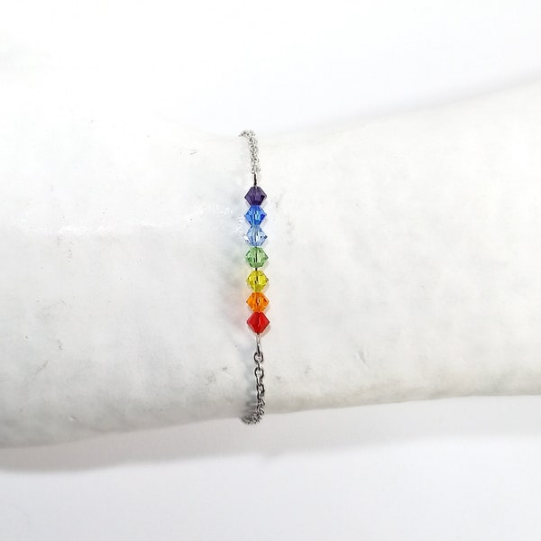 Bracelet, Rainbow, Arc-en-ciel, Chakras, 7 Toupies, perles Cristal Swarovski, linéaire, réglable, Chaîne câble Acier inoxydable