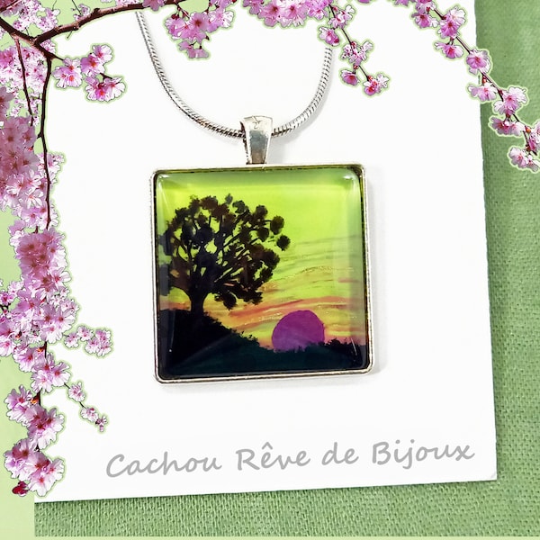 Collier tableau Arbres Pendentif Carré Lune Violine sur fond Vert tendre Cabochon verre peint à la main Chaîne Acier inox Argent antique