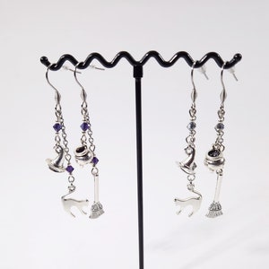Mismatched Earrings Witchy Broom Cauldron Cat Witch Hat Beads Swarovski Crystal Black Purple Stainless Steel Hooks