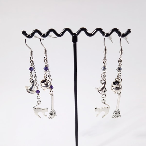 Boucles d'oreilles dépareillées Witchy balai chaudron chat chapeau sorcière Perles Cristal Swarovski noir violet Crochets Acier inoxydable