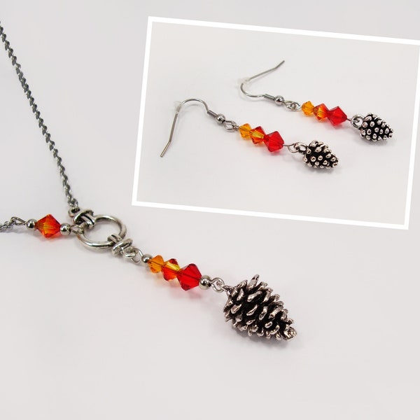 Collier et Boucles d’oreilles Pommes de pin Perles cristal couleurs d'automne flamboyant Noeud celtique Chaîne Acier Argent antique