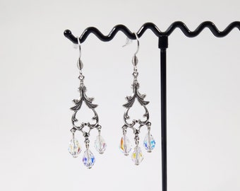 Dangling earrings Ornate drops Art deco style Pears Iridescent AB Swarovski crystal Hooks Stainless steel