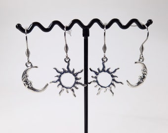 Boucles d’oreilles, lune / soleil, célestes dépareillées asymétriques, au choix, Crochets Acier inoxydable hypoallergénique argent antique