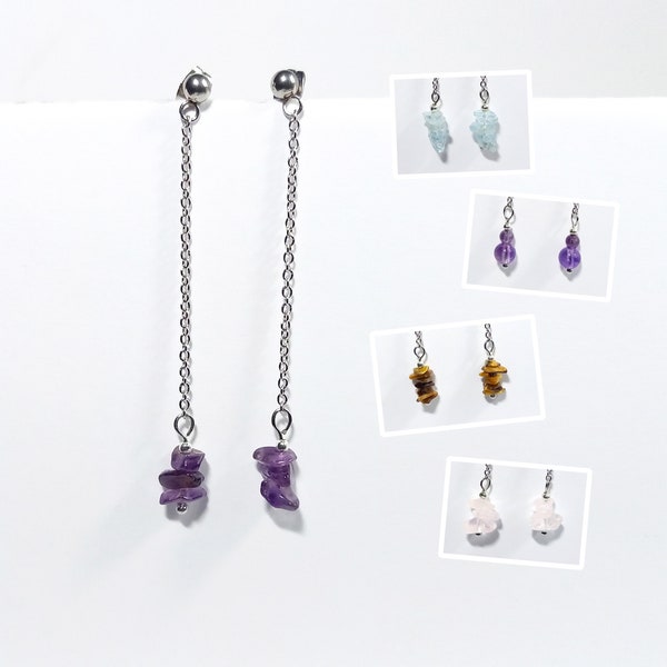 Earrings, nails, thin, long, pearls, chips, natural stones, quartz, amethyst, aquamarine, tiger's eye, Steel Chain