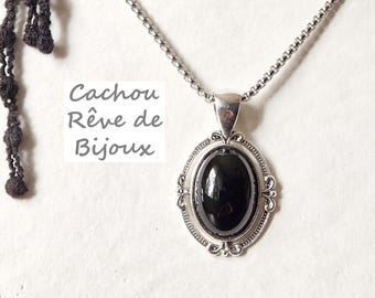 Gothic Victorian Black Onyx Natural Stone Medieval Medallion Necklace - Choice of Chain