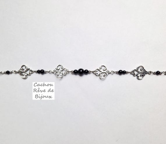 Bracelet victorien perles onyx noir - Bracelet réglable de style médiéval renaissance