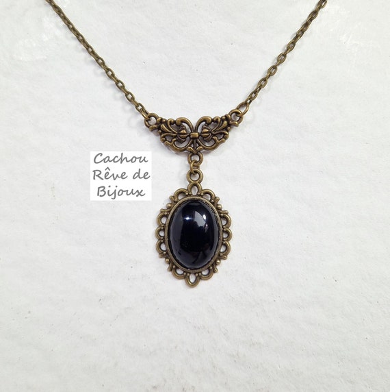 Collier Victorien Gothique Onyx noir naturel - Style vintage arabesques
