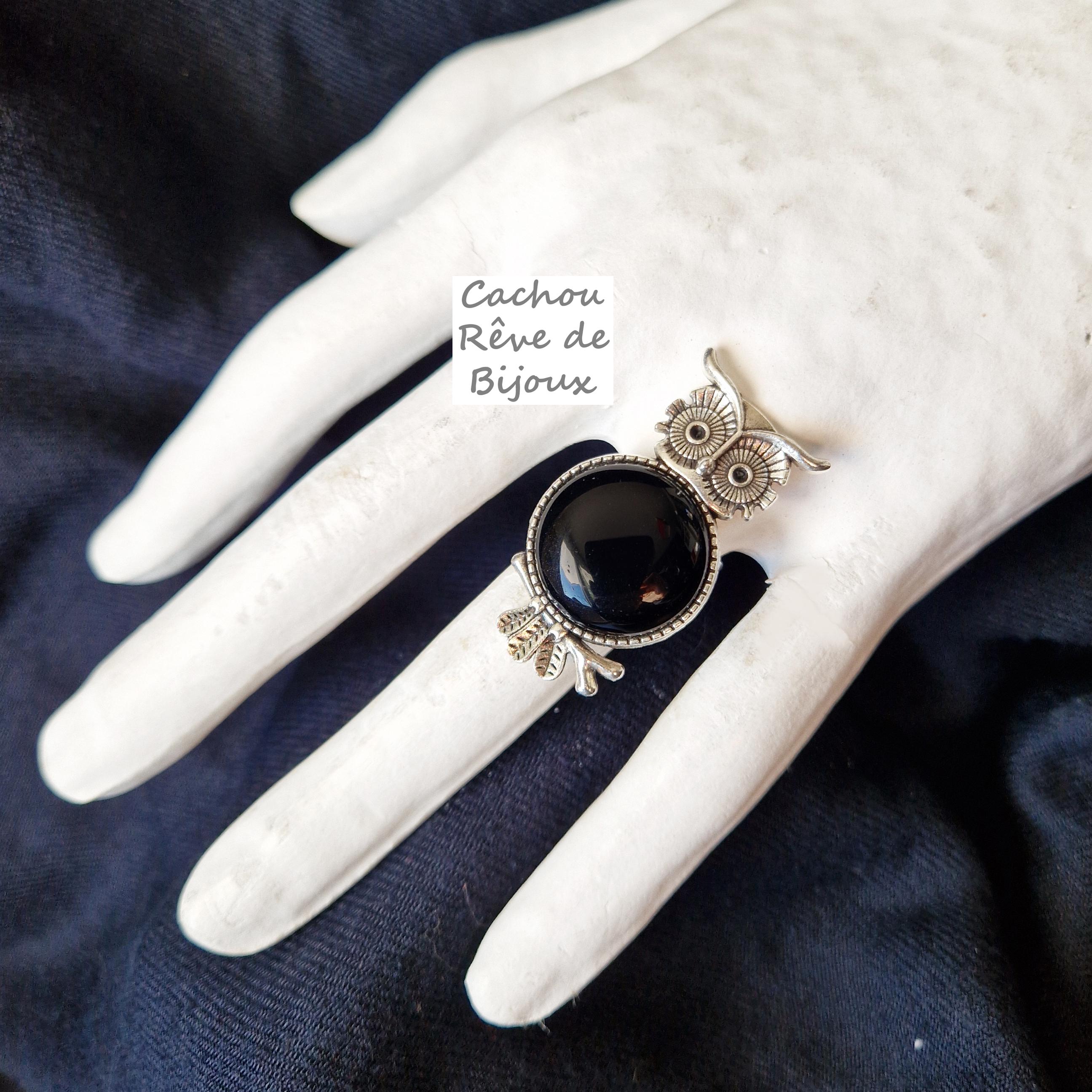 Bague Chouette hibou onyx noir naturel - Bague animaux r&eacute;alistes avec monture fantaisie en m&