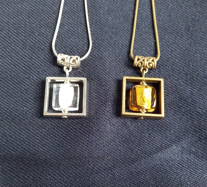 Hanging necklace Square Frame Pav\u00e9 Glass Gold Leaf Gold Topaz geometric shape Antique bronze metal OR Pav\u00e9 White Silver Metal