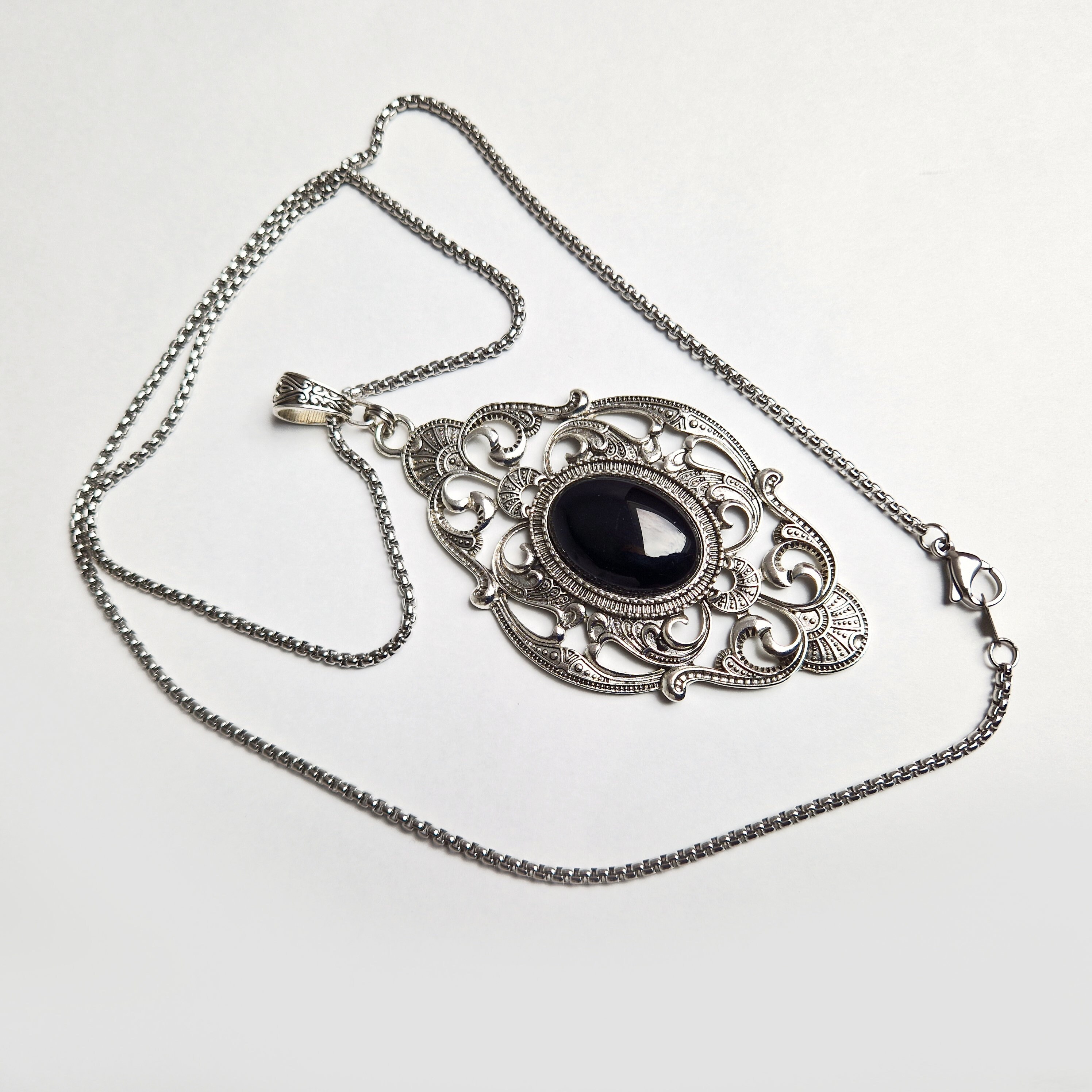 Collier Sautoir Ancien En Onyx Noir à Facettes - Longueur 118 Cm Avec Fermoir Doré