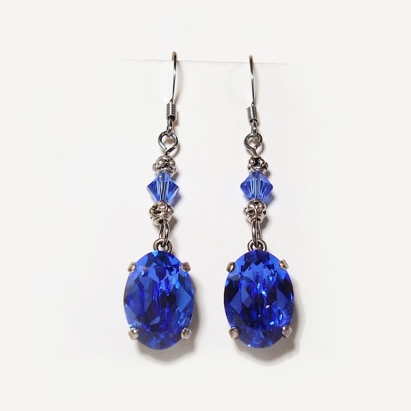 Boucles d’oreilles pendantes cristal Swarovski Bleu saphir crochets Acier inoxydable Argent antique