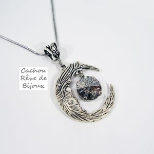 Moon Face Pendant Necklace Swarovski Crystal Patina Silver / Pure White Snake Chain Stainless Steel Goddess Wicca Witchy White Witch