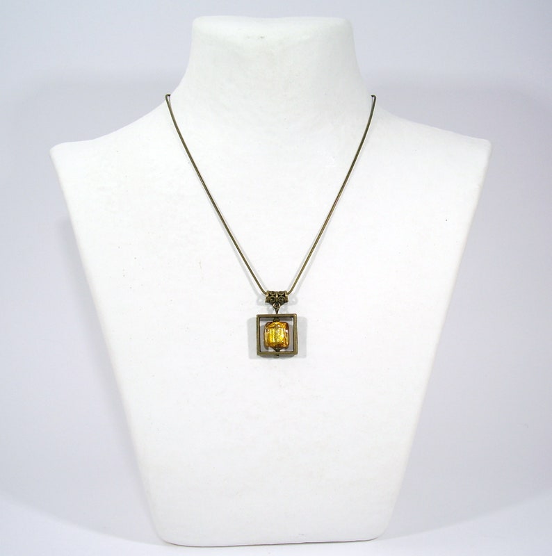 Hanging necklace Square Frame Pav\u00e9 Glass Gold Leaf Gold Topaz geometric shape Antique bronze metal OR Pav\u00e9 White Silver Metal