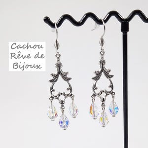 Art Deco Drop Earrings Pear Crystal AB Swarovski Iridescent Hooks Stainless Steel Castle Royal Chandelier Filigree Baroque