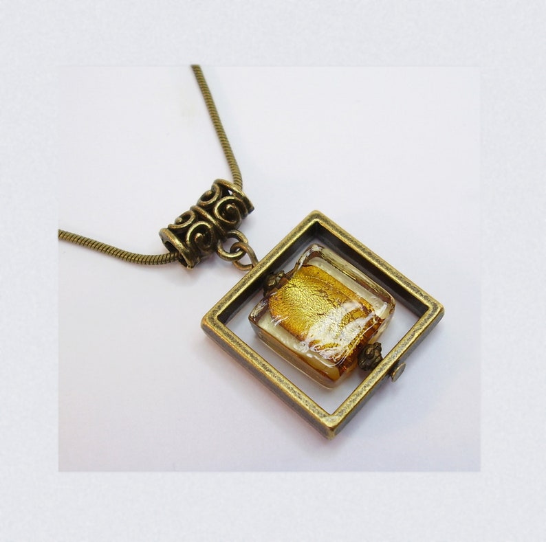 Hanging necklace Square Frame Pav\u00e9 Glass Gold Leaf Gold Topaz geometric shape Antique bronze metal OR Pav\u00e9 White Silver Metal