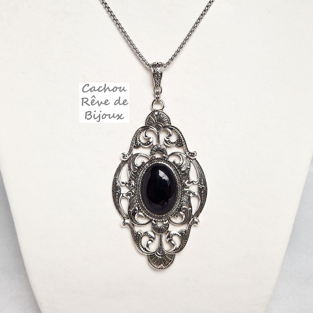 Collier Sautoir Ancien En Onyx Noir Facetté - Longueur 122 Cm - Métal Doré - Bijou Vintage