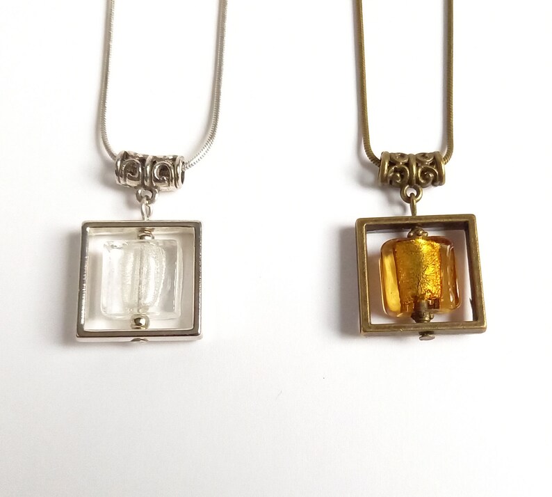 Hanging necklace Square Frame Pav\u00e9 Glass Gold Leaf Gold Topaz geometric shape Antique bronze metal OR Pav\u00e9 White Silver Metal
