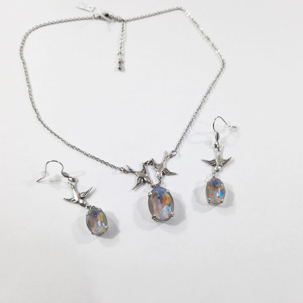 Collier pendentif et Boucles d'oreilles Hirondelles cristal Swarovski Ovale Grey delite Connecteurs hirondelles Chaîne câble Acier Argent