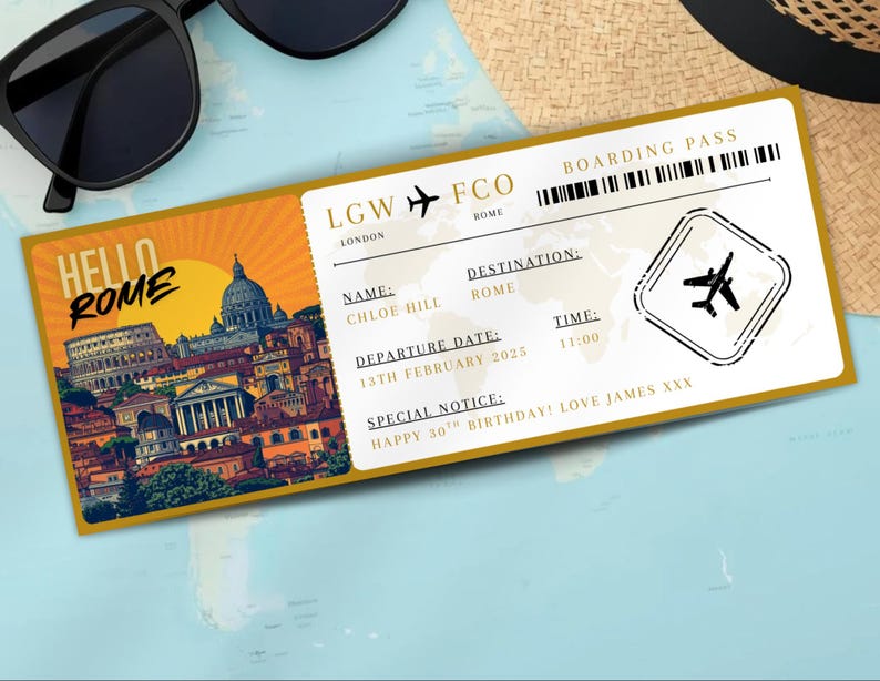 Printable Boarding Pass | Rome Boarding Bass | Editable Boarding Pass ...