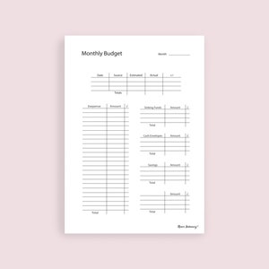 May include: A printable monthly budget worksheet with sections for income, expenses, savings, and cash envelopes. The worksheet includes columns for date, source, estimated amount, actual amount, and a difference column.