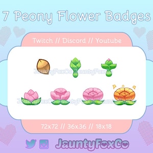 7 Cute Blooming Peony Flower Twitch Badges // Transparent PNG Digital Download