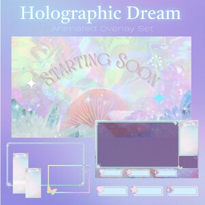 May include: Holographic Dream animated overlay set for streaming. The set features a purple background with a mushroom, crystals, and stars. The text "Starting Soon" is in the top center of the image. There are several chat boxes and other elements for streaming.