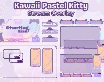 May include: A purple and pink kawaii pastel kitty stream overlay with a starting soon screen, chat boxes, and buttons for about me and rules. The overlay features cute cartoon cats with paw prints.