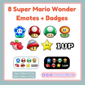 8 Super Mario Wonder Emotes/Badges for Twitch, Youtube and Discord // Super Star, Fire Flower, Wonder Flower, 1UP Mushroom