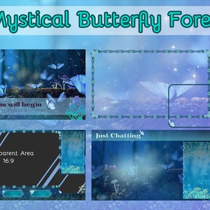 May include: A blue and purple digital background with a mystical butterfly forest theme. The background includes a transparent area for a video stream, a chat section, and a section for information about the streamer, including "About Me", "Rules", and "Schedule". The text "The stream will begin in just a moment" is displayed at the top of the background.