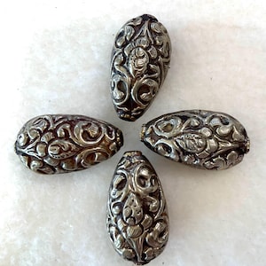 Tibetan Repousse Silver Tear Drop Shaped Beads Embossed with Lotus