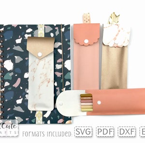 Modelo de estojo de lápis SVG para notebook ou planejador, estojo porta-lápis com alça elástica, arquivos cortados Cricut, acessório de planejador de volta às aulas