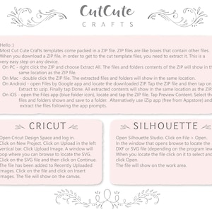 May include: A pink and white graphic with instructions on how to open a ZIP file for Cricut and Silhouette design software. The graphic includes the text "CutCute Crafts".