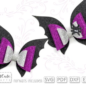 May include: Two black bat-shaped hair bows with purple and silver glitter bows. The bows have a small black spider with white eyes in the center. The text "Formats included: SVG PDF DXF EPS" is at the bottom of the image.