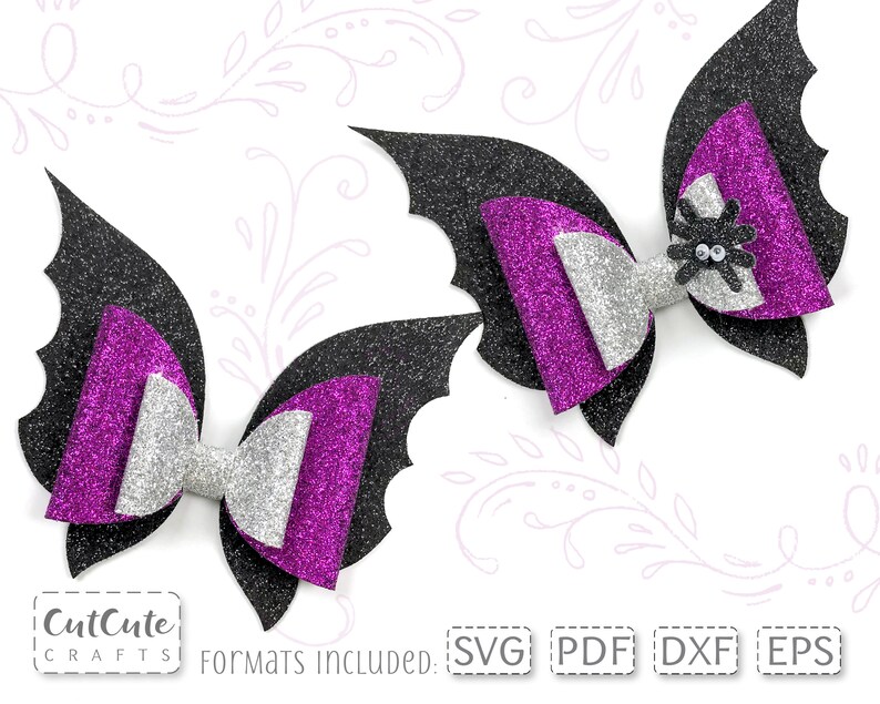 May include: Two black bat-shaped hair bows with purple and silver glitter bows. The bows have a small black spider with white eyes in the center. The text "Formats included: SVG PDF DXF EPS" is at the bottom of the image.