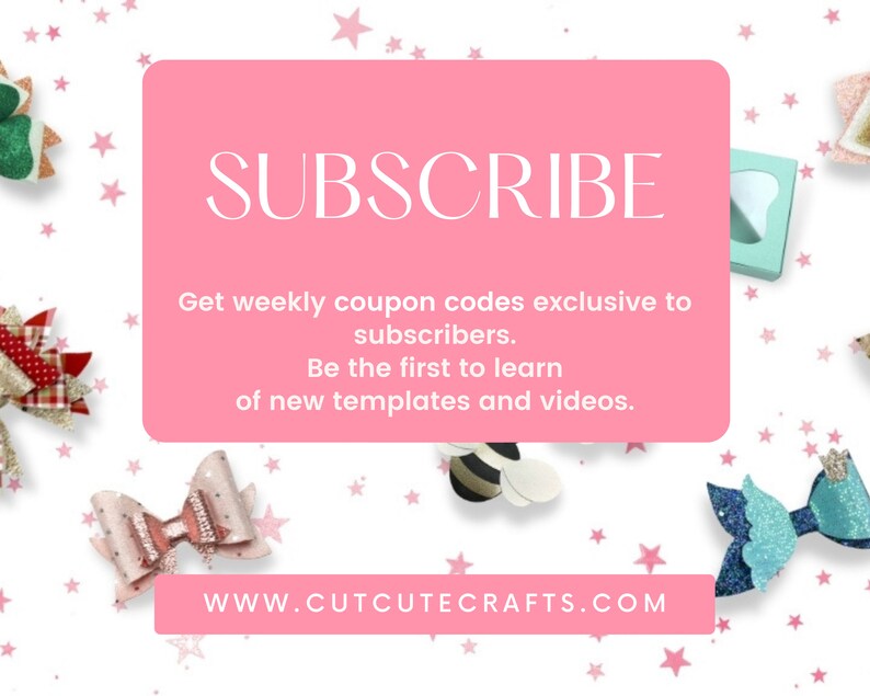 Op de afbeelding: Roze grafiek met de tekst "SUBSCRIBE" in wit. Ontvang wekelijkse kortingscodes exclusief voor abonnees. Wees de eerste die op de hoogte is van nieuwe sjablonen en video's. WWW.CUTCUTECRAFTS.COM