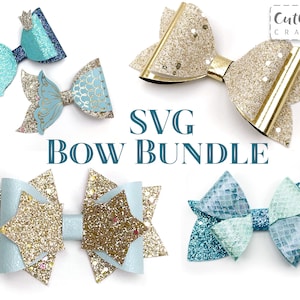 Könnte beinhalten: Ein Satz mit vier SVG-Schnittdateien zum Erstellen von Glitzerbögen. Die Bögen sind in verschiedenen Stilen und Farben, darunter türkis, blau und goldener Glitzer. Der Text "SVG BOW BUNDLE" wird in der Mitte des Bildes angezeigt.