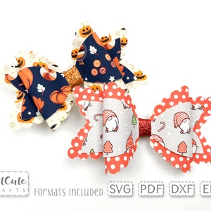 Könnte beinhalten: Zwei Halloween-Haarbänder. Ein Band ist rot und weiß mit einem Gnom-Muster. Das andere Band ist blau und orange mit einem Kürbis-Muster. Der Text "Formate enthalten: SVG PDF DXF EPS" befindet sich am unteren Rand des Bildes.