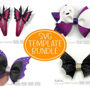 Zestaw SVG na Halloween Hair Bow 2, kokarda Bat Wings SVG, kokarda Ghost SVG, kokarda Bat Pinch SVG, spinka Bat Snapclip SVG, szablon kokardy do włosów, Pastel Goth