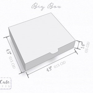 May include: A diagram showing the dimensions of a square box. The box is 4.5 inches by 4.5 inches and 1.4 inches tall.