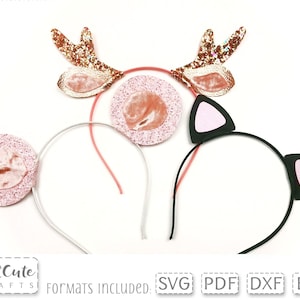 May include: Three headband hair accessories with different animal themes. The first headband has pink glitter and a velvet nose with reindeer antlers. The second headband has pink glitter and a velvet nose. The third headband is black with pink glitter cat ears.